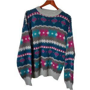 Vintage Striped Sweater Mens 80s 90s Bright Grandpa Knit Pullover